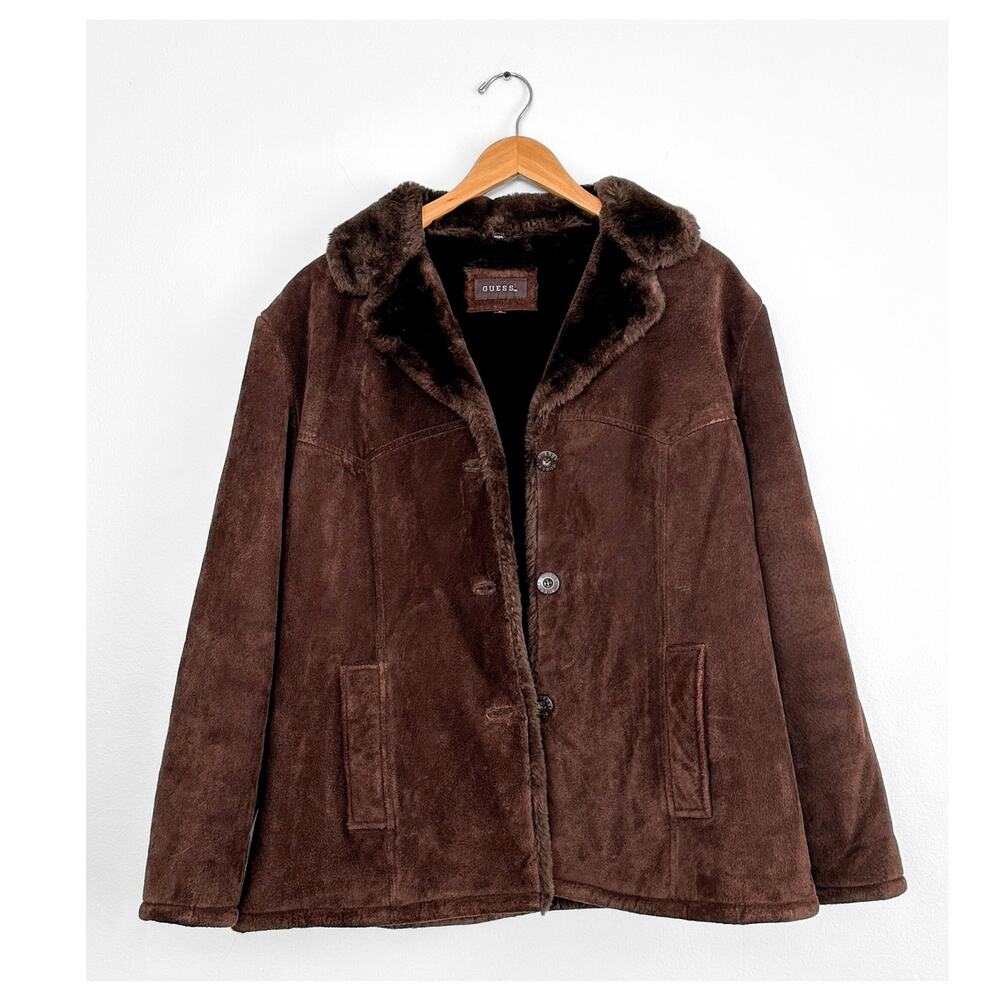 Vintage 90s 00s Guess Chocolate Brown Suede Leather Faux Fur Winter Coat large - Picture 6 of 7